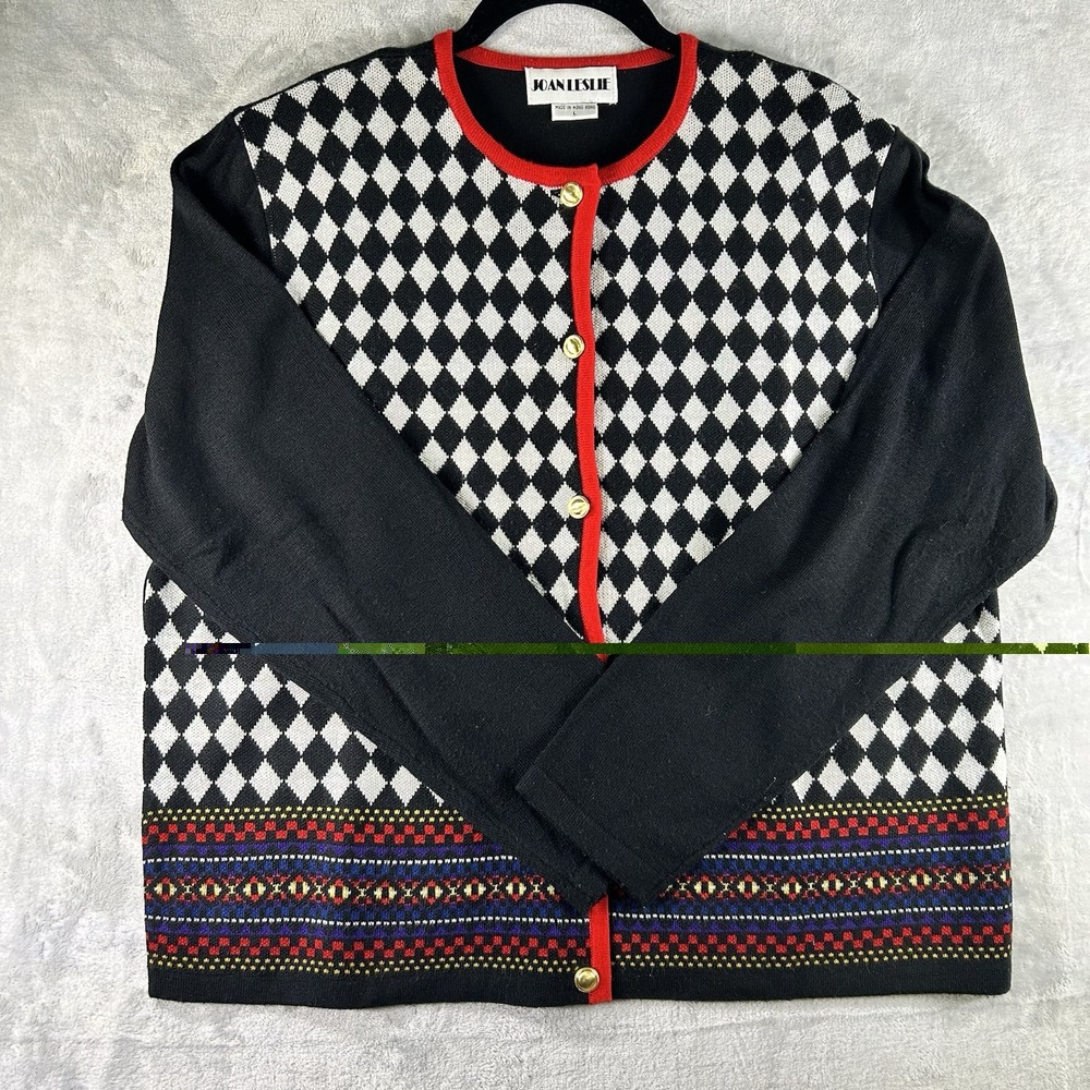 Vintage Joan Leslie Sweater Cardigan Size‎ Large Diamond Multicolored